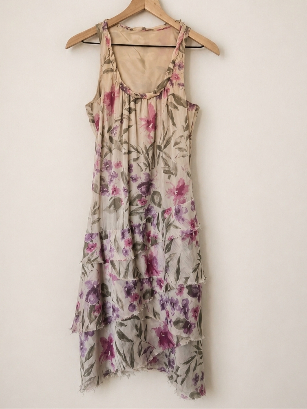 Floral Chiffon Tiered Dress Gray Pink Purple Sleeveless Ruffle Hem Lined Size S